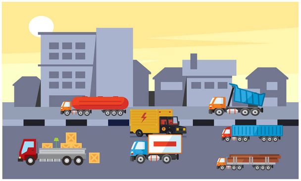many trucks are ready to transport material in warehouse - Vector, Image