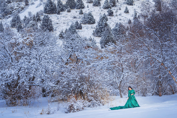 Una ragazza in favoloso abito lungo verde tra le montagne innevate. Una donna in un abito da favola in montagna in inverno. Sessione fotografica da favola invernale di una bella ragazza a Sairam su Kazakistan
 - Foto, immagini