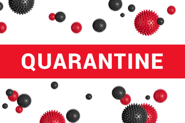Κόκκινος τίτλος με επιγραφή QUARANTINE σε λευκό με αφηρημένο μοντέλο στέλεχος ιού COVID-19 - Φωτογραφία, εικόνα