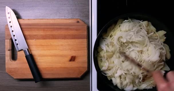 Fritar batatas e cebolas em uma panela profunda, vista superior
. - Filmagem, Vídeo