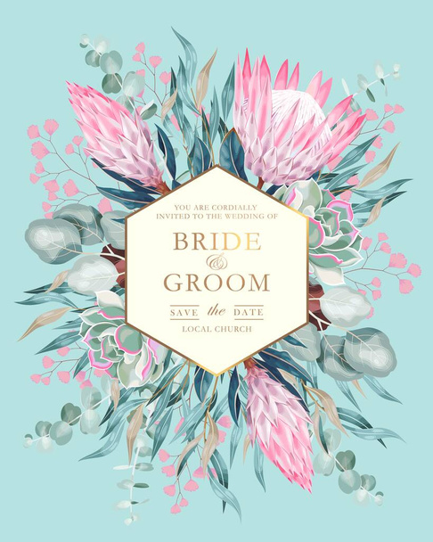 Vintage wedding card with protea and greenery - Vector, Imagen