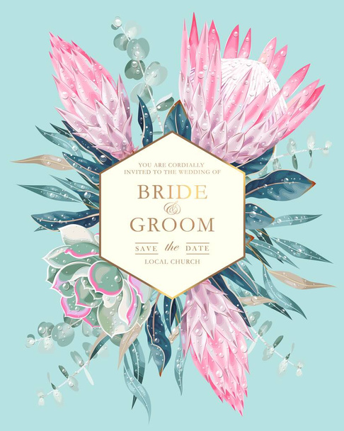 Vintage wedding card with protea and greenery - Vector, Imagen