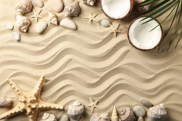 Κοχύλια, πέτρες, αστερίες, καρύδες και κλαδιά φοίνικα σε φόντο θαλάσσιας άμμου, χώρος για κείμενο - Φωτογραφία, εικόνα