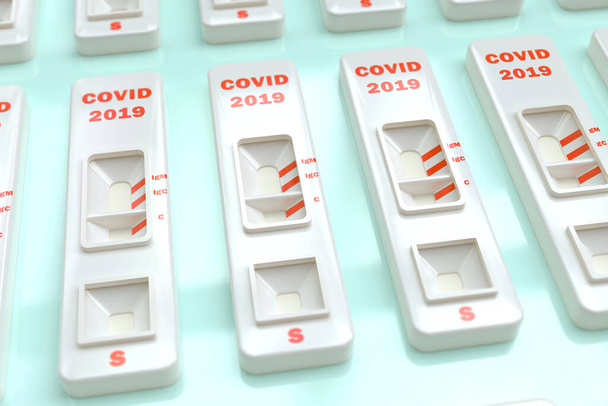 COVID19 Test rapide du virus du SRAS. Rapid Covid 19 tests - de nombreux articles à bord. Illustration 3D. Les tests sont efficaces dans la détection de la production d'anticorps, y compris IgM et IgG
 - Photo, image