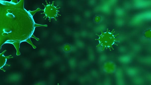 Virukset, virussolut mikroskoopilla, kelluva nesteessä vihreällä taustalla. Bakteerien ja virusten taudinpurkaukset, mikro-organismeja aiheuttavat taudit. COVID-19. Koronavirus
. - Materiaali, video