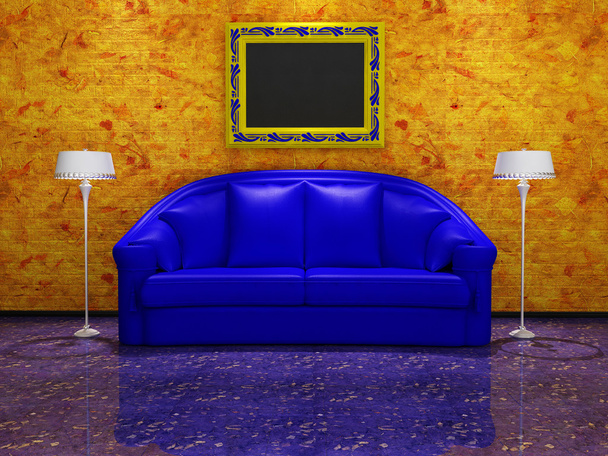 Blauwe Bank en Picture Frames in abstract interieur (3D rendering ) - Foto, afbeelding