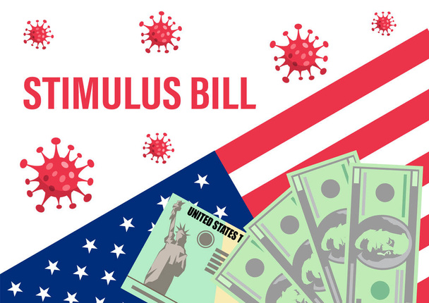 Окремі чеки і долари на американському прапорі. Фінансовий стимул законопроект. Концепція коронавірусу Covid-19. векторний
 - Вектор, зображення