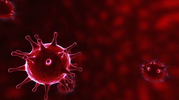 Virus, cellule virali al microscopio, galleggianti in fluido con sfondo rosso. Patogeni focolaio di batterio e virus, malattia che causa microrganismi. COVID-19 Coronavirus
 - Foto, immagini