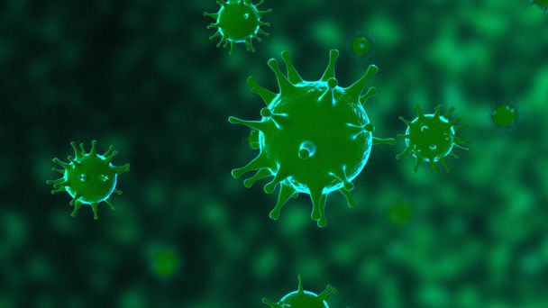 Virus, cellules virales au microscope, flottant dans un fluide avec un fond vert. Pathogènes épidémie de bactérie et de virus, maladie causant des micro-organismes. COVID-19 Coronavirus
. - Photo, image