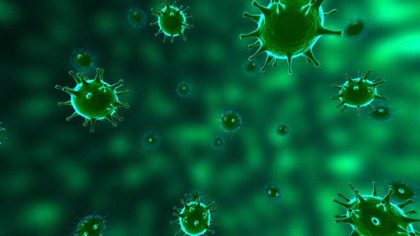 Vírus, células virais ao microscópio, flutuando em fluido com fundo verde. Surto de agentes patogénicos de bactérias e vírus, doenças que causam microrganismos. COVID-19 Coronavírus
. - Foto, Imagem