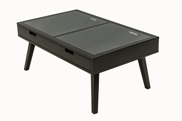 низкий черный стол с ящиками и стеклянными вставками
 - Фото, изображение