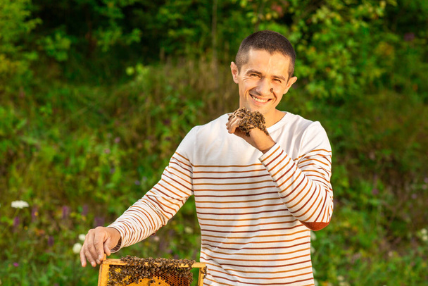 Feliz apicultor pasa tiempo en apiario. Él sostiene un cangrejo lleno de abejas. Una mano está en las abejas. Entorno verde - Foto, imagen