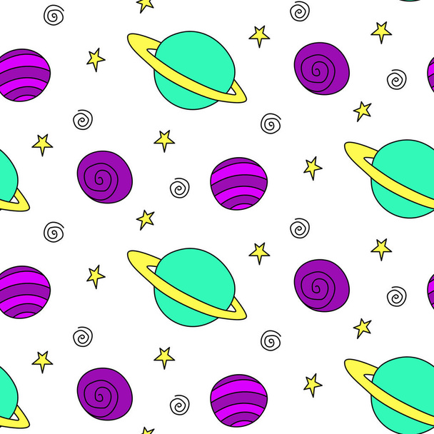 Baby seamless pattern. Different multi-colored cartoon planets and stars in space. Vector Cosmic background and texture. For kids design, fabric, wrapping, wallpaper, textile, apparel. - Vector, Image