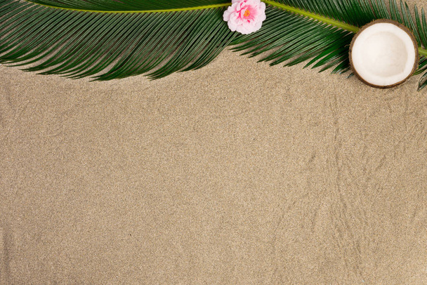 Summer vacation composition. Palm leaves anf flower on sand background - Fotoğraf, Görsel