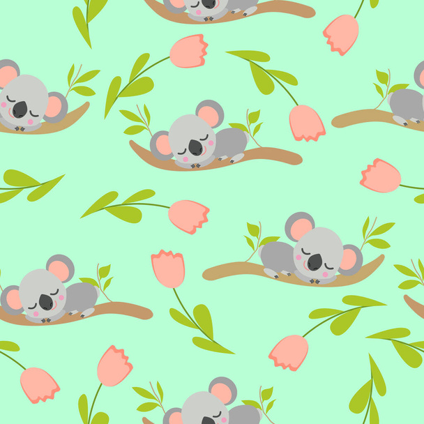 Patrón sin costuras con bebés koala durmiendo en ramas de eucalipto y tulipanes rosados. Fondo verde claro. Diseño plano. Estilo de dibujos animados. Lindo y divertido. Para textiles para niños, papel pintado y papel de regalo
 - Vector, imagen