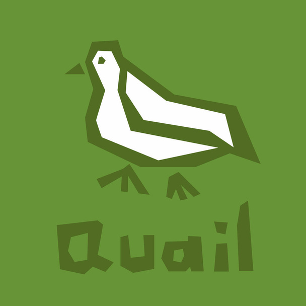 Quail logo design. Vector stylized bird illustration isolated on green background. Cute quail icon. Brutal modern style. White icon, thick outline, text. Interactive card for learning the alphabet - Vector, Image