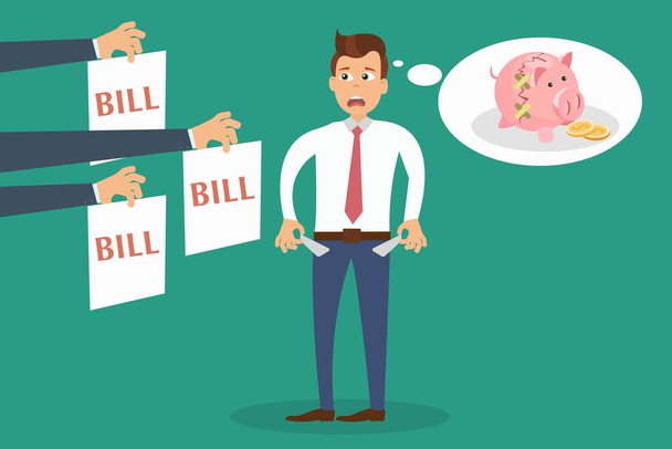 Vector design of man in panic having no money and looking afraid of necessity to payout bills on green background - Vector, Image