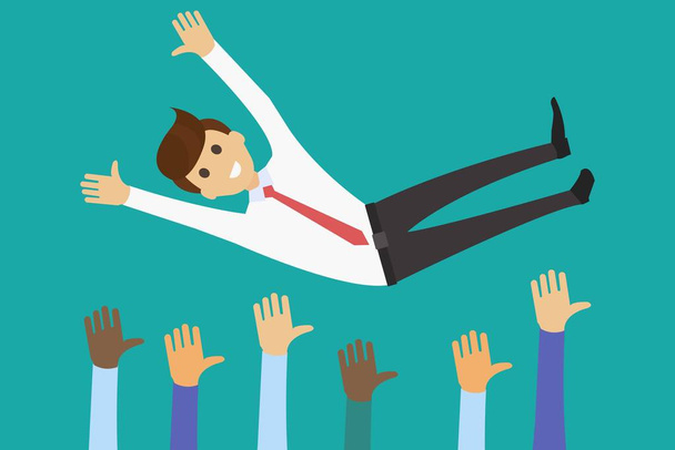 Vector design of crop hands of colleagues tossing up cheerful and successful business coworker on green background  - Vector, Image