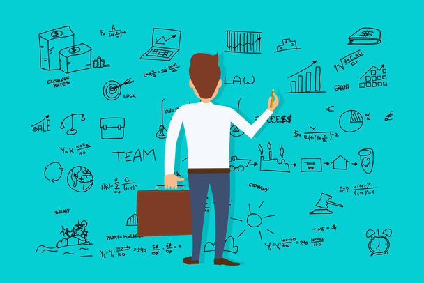 Красочный вектор умного бизнесмена, рисующего иконки стратегии для нового стартапа и бизнес-плана на синем фоне
 - Вектор,изображение