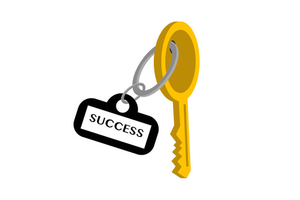 Diseño simple de llave dorada con etiqueta diciendo Éxito aislado sobre fondo blanco
  - Vector, imagen