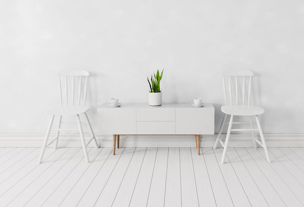 Fehér belső szoba székekkel és kávéscsészével fehér fa asztal, Tartsa távolság ül, társadalmi távolság stop pandémiás koncepció.3D illusztráció - Fotó, kép