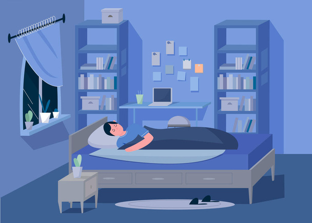 Mann im Schlafzimmer. Cartoon männliche Teenager Zimmer bei Nacht flache Vektor Illustration - Vektor, Bild