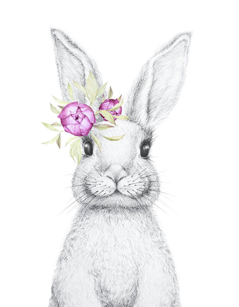 Cute Bunny. Easter Bunny. Pencil Draw. Watercolor flowers decor. Nursery Wall Art. Kids Art Gift. Forest animal. White background - Photo, Image