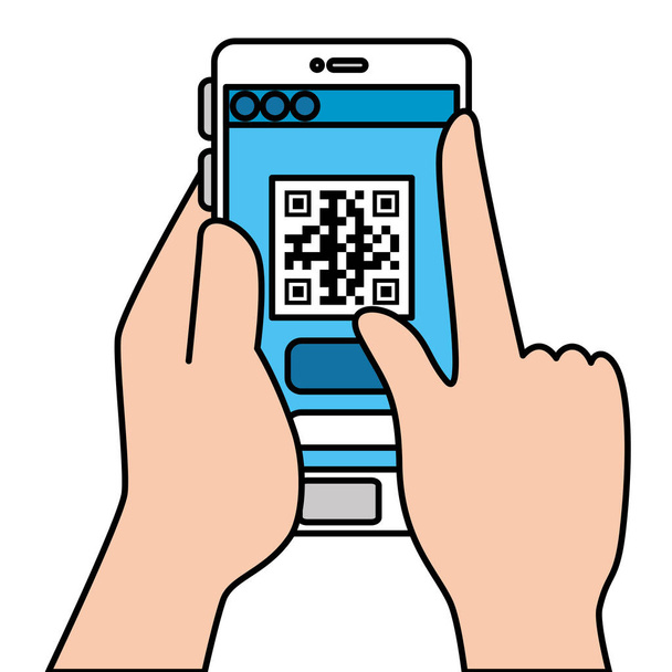 χέρια και QR κώδικα μέσα στο σχεδιασμό διάνυσμα smartphone - Διάνυσμα, εικόνα