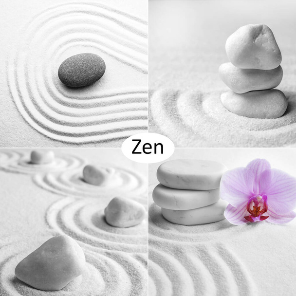 Collage with photos of stones on white sand. Zen and harmony - Photo, Image