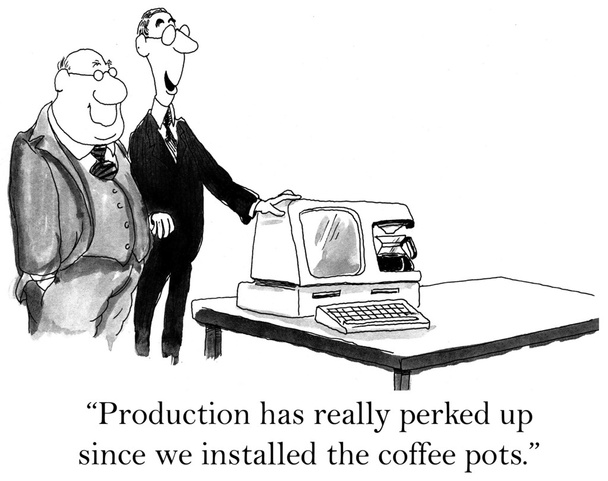 produkcji, rzeczywiście ożywił się, ponieważ mamy zainstalowane do kawy garnki. - Zdjęcie, obraz