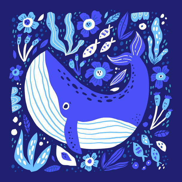 Adorable whale hand drawn flat vector illustration. Funny sea life cartoon character. Large ocean animal with flowers isolated on dark blue background. Childish t shirt print design - Vettoriali, immagini