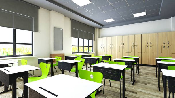 Дизайн класу з сучасними столами, зеленими сидіннями та шафою 3D рендерингу
  - Фото, зображення
