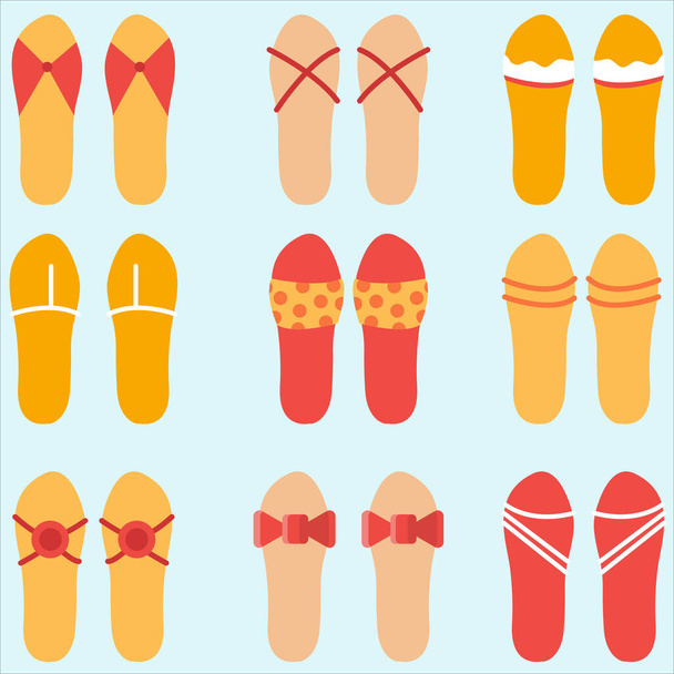 Summer flip flops vector illustration. Paquetes de labios húmedos aislados. Juego de zapatos de verano - Vector, imagen
