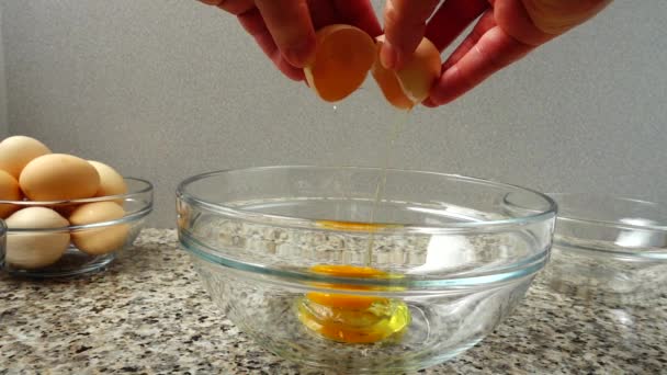 Falling of contents of egg in a bowl. Slow motion. - Metraje, vídeo