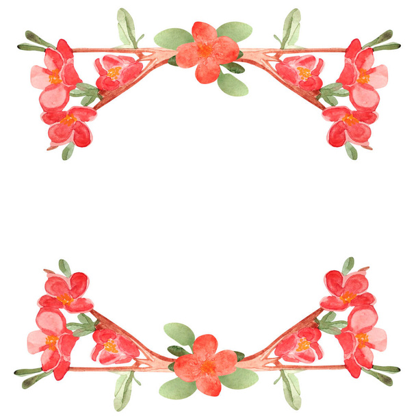 Virágos keret mandula virágzó ág illusztráció. Kézzel rajzolt akvarell. Piros virágú gallyak, a felvétel helye. - Fotó, kép