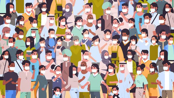 crowd of people wearing medical masks novel coronavirus 2019-nCoV epidemic disease pandemic quarantine concept men women standing together portrait horizontal - Vetor, Imagem
