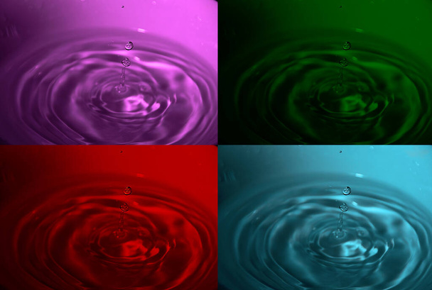 Иллюстрация с четырьмя фотографиями капель воды, красного, голубого, зеленого и пурпурного
 - Фото, изображение