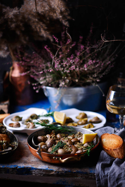 Burgundy escargot with herb butter.style rustic.selective focus - Photo, Image