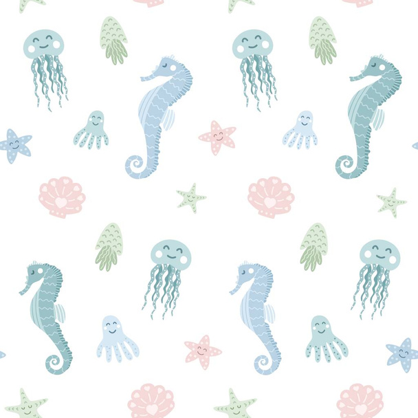 Sea life elements seamless pattern. Sea animals on a white background. Hand drawn doodle vector illustration. - Vector, Image