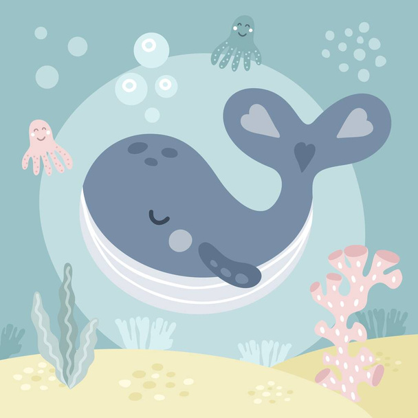 Cartoon cute whale. Hand drawn doodle vector illustration. - Vector, Image