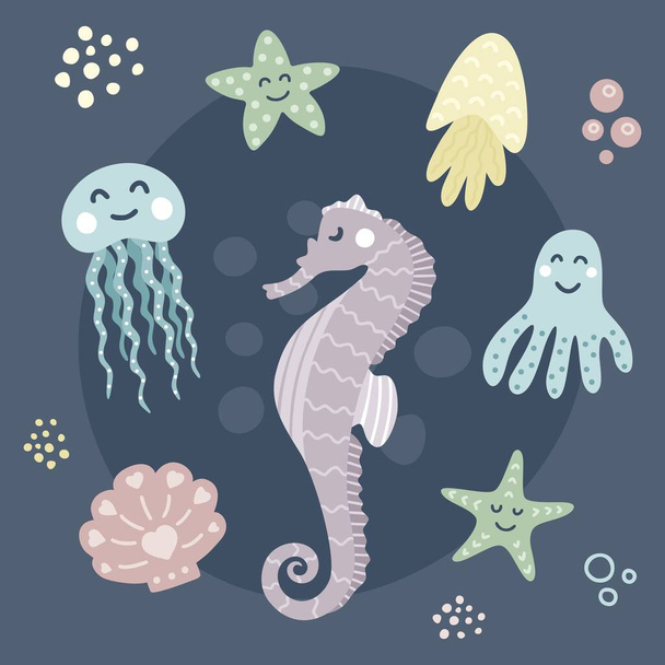 Set with sea life elements. Hand drawn doodle vector illustration. Sea animals on a blue background. - Vector, Image