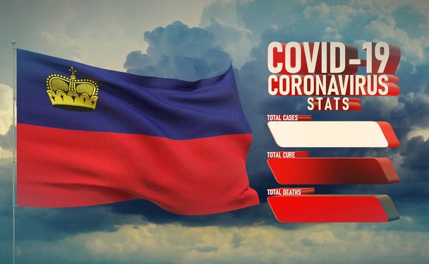 COVID-19 Coronavirus 2019-nCov Statistics Update - table letter typography copy space concept with flag of Liechtenstein. 3D illustration. - Foto, afbeelding