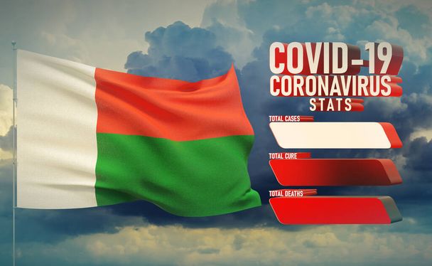 COVID-19 Coronavirus 2019-nCov Statistics Update - table letter typography copy space concept with flag of Madagascar. 3D illustration. - Photo, Image