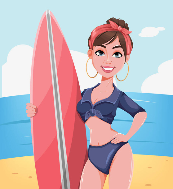 Jeune belle fille avec une planche de surf sur la plage de sable. Femme surfeuse personnage de dessin animé. Illustration vectorielle
 - Vecteur, image