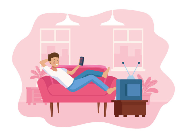 hombre en sofá usando la escena del teléfono inteligente
 - Vector, imagen
