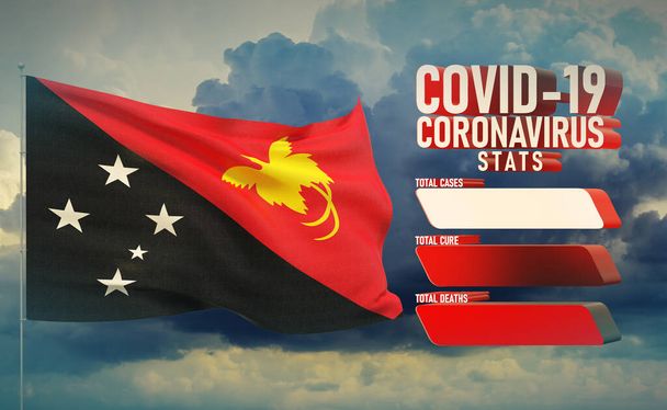 COVID-19 Coronavirus 2019-nCov Statistics Update - table letter typography copy space concept with flag of Papua New Guinea. 3D illustration. - Foto, Imagen