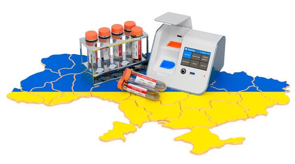 COVID-19 Test in der Ukraine Konzept. Labor-in-Box-Test mit Nasenabstrichröhrchen auf der ukrainischen Landkarte. 3D-Rendering isoliert auf weißem Hintergrund - Foto, Bild