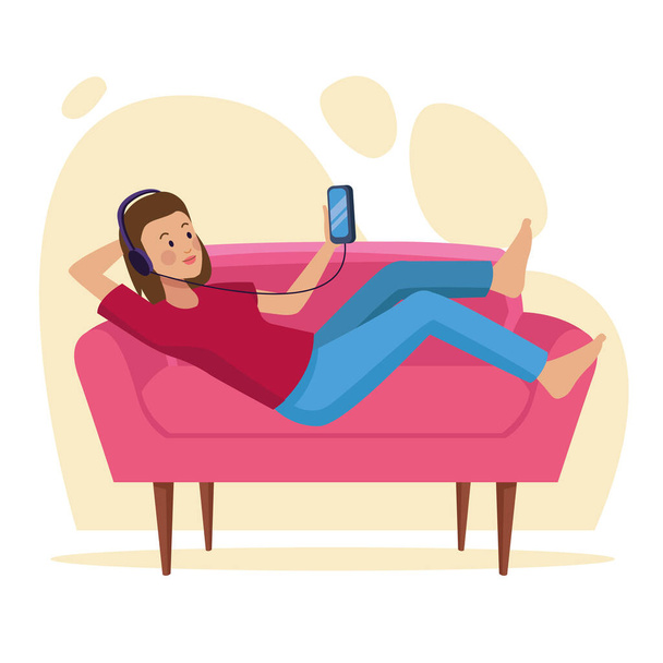 Frau benutzt Smartphone in Sofa-Szene - Vektor, Bild