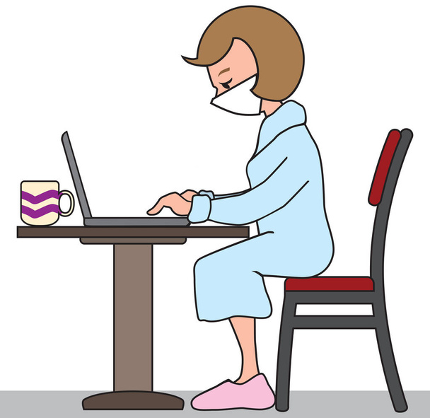 Eine Zeichentrickfigur im Bademantel und mit Mundschutz arbeitet zu Hause an ihrem Laptop - Vektor, Bild