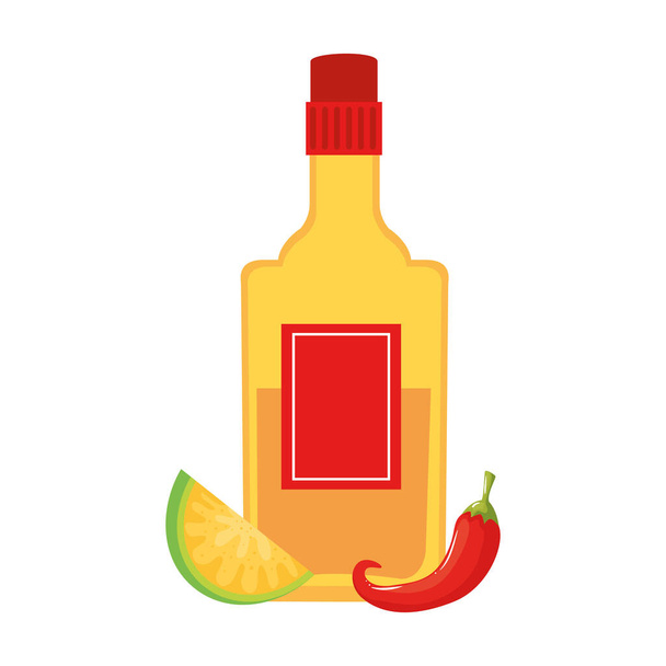 Isolierte mexikanische Tequila-Flasche Chili- und Zitronenvektordesign - Vektor, Bild